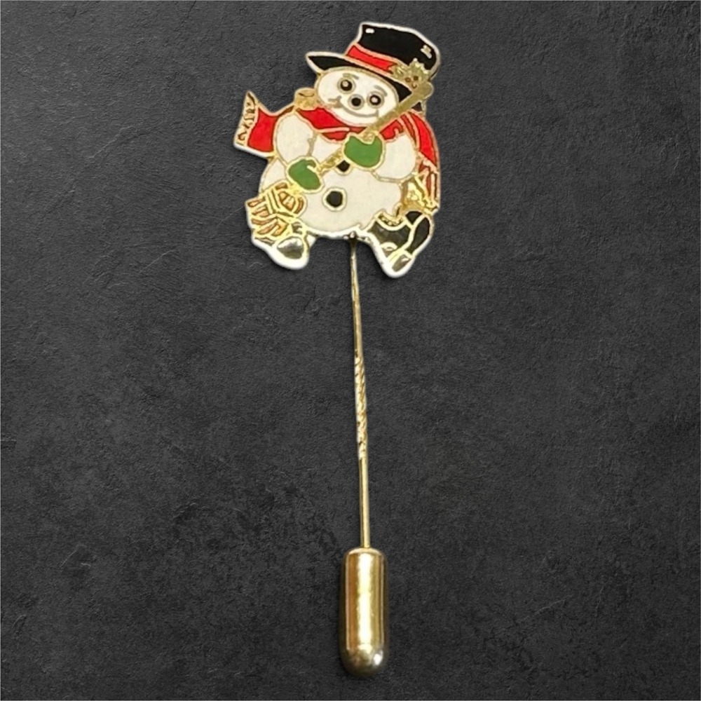 Vintage‎ Snowman Stick Pin Gold Tone Enamel Christmas Lapel Hat Scarf Pin